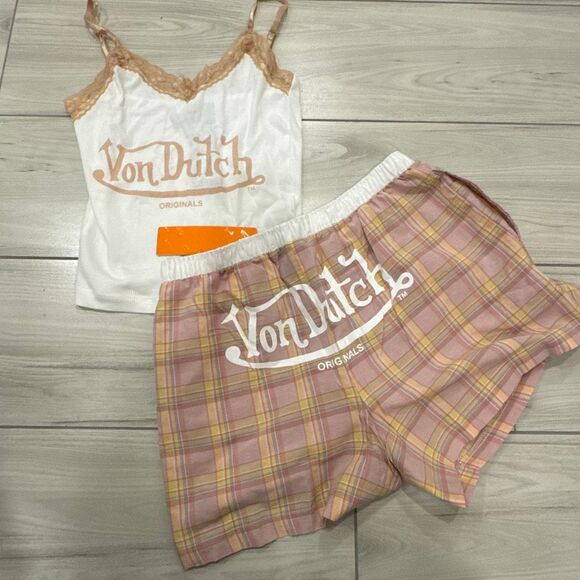 NWT Von Dutch pajama set size medium   Peach cream gingham plaid with lace top a - Picture 1 of 9